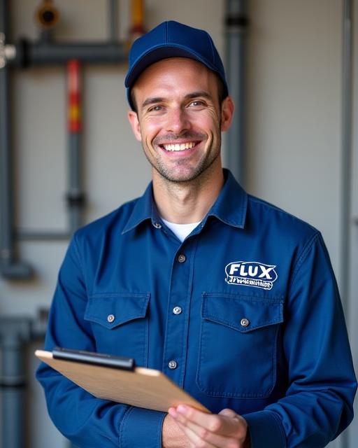 A uniformed Flux Plumbing technician smiling confidently and holding a clipboard.